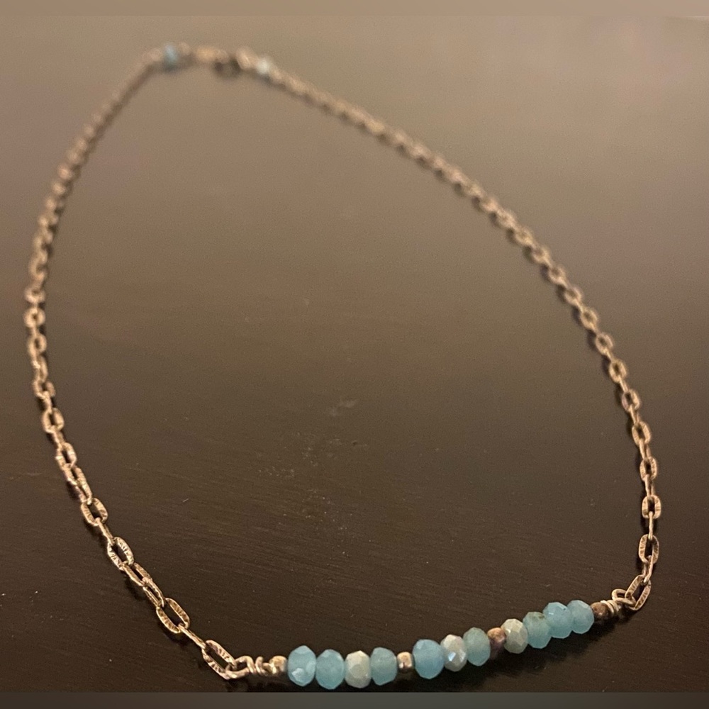 .925 Sterling Silver Aquamarine Beaded Bar Necklace India 19.5” Minimalist